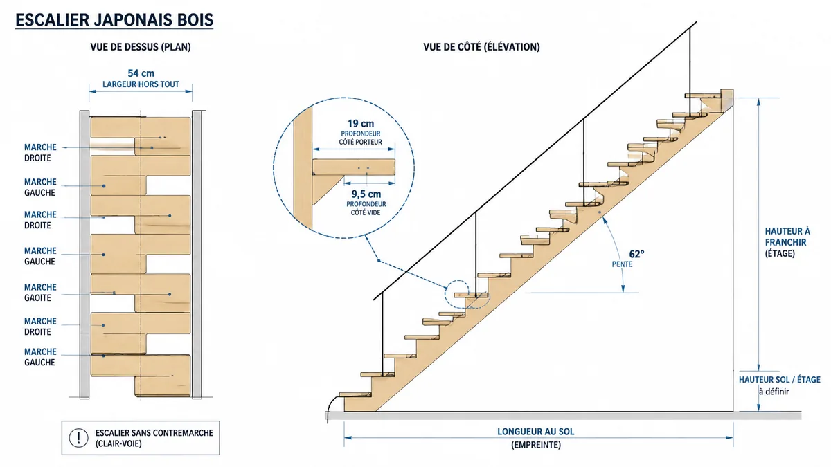 Schéma technique escalier japonais bois dimensions marches décalées