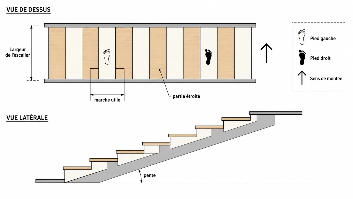 Schéma d'un escalier à marches alternées gauche droite