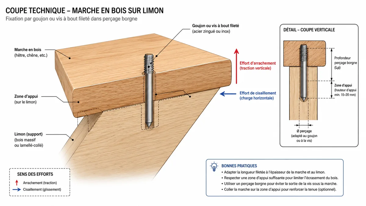 Coupe d'une marche bois avec fixation mécanique invisible