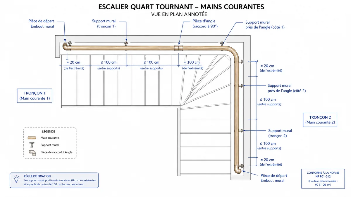 Schéma de pose d'une main courante sur escalier quart tournant