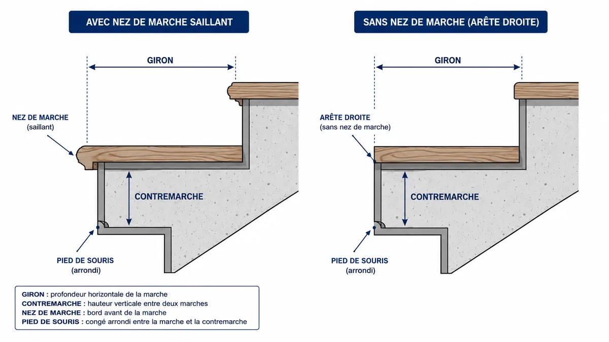 Schéma comparatif marche d'escalier avec et sans nez de marche