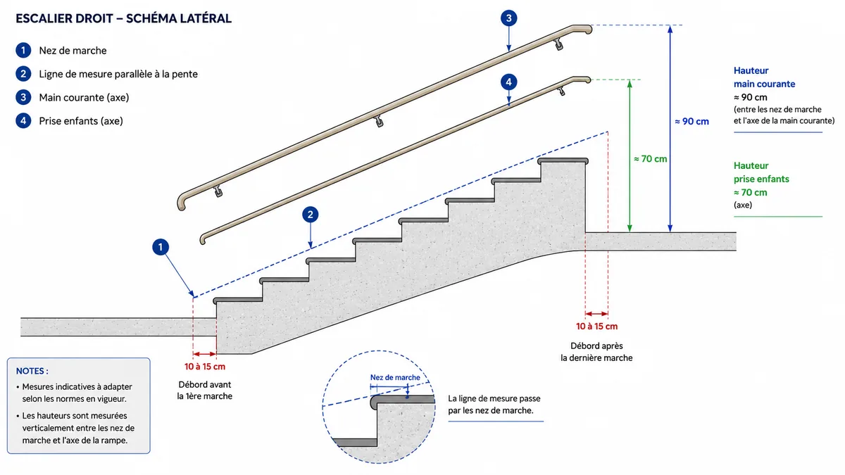 Schéma de mesure d’une main courante sur escalier droit