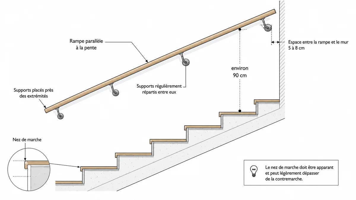 Schéma des mesures pour poser une main courante d'escalier