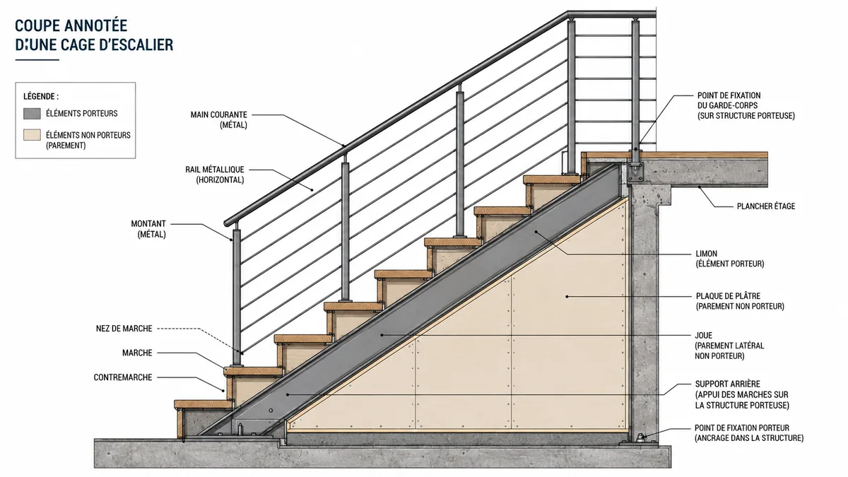 Schéma de cage d'escalier avec ossature placo et supports porteurs