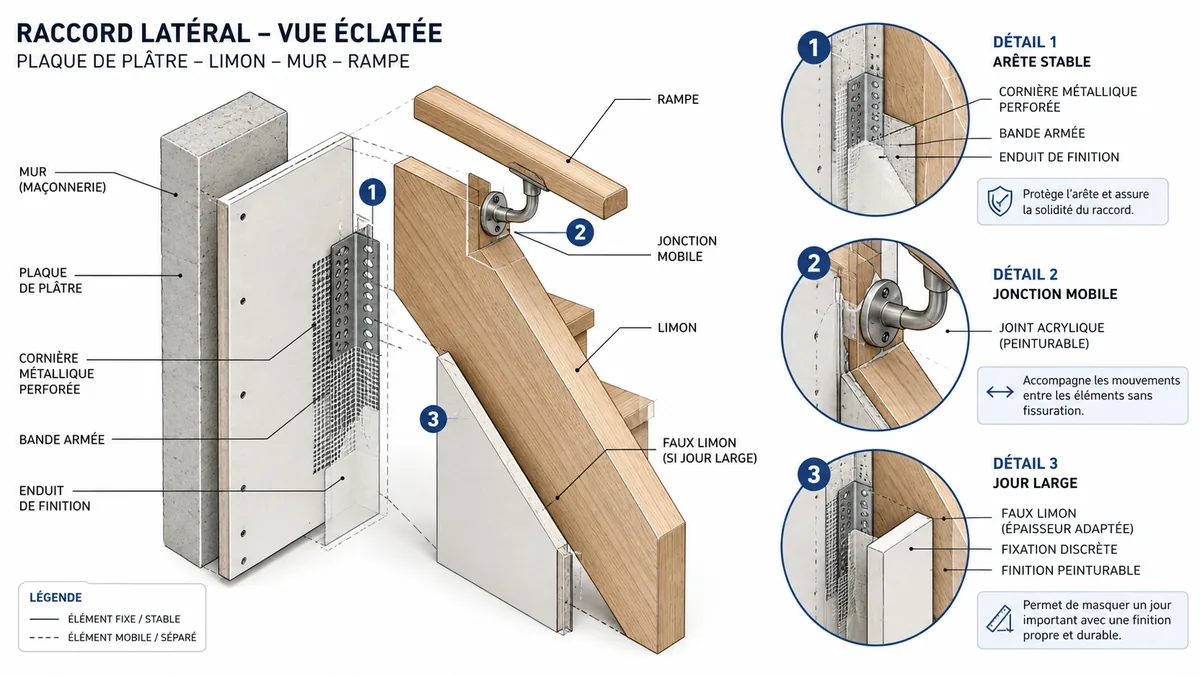 Détails de raccord placo entre mur limon et rampe d'escalier