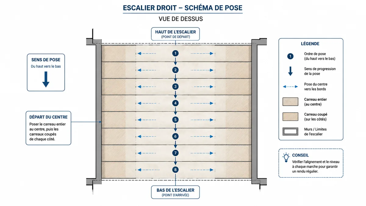 Schéma du sens de pose du carrelage escalier du haut vers le bas