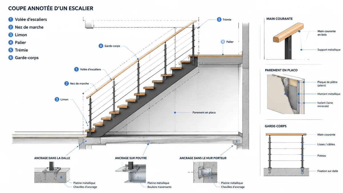 Schéma des supports d'un garde-corps d'escalier en placo
