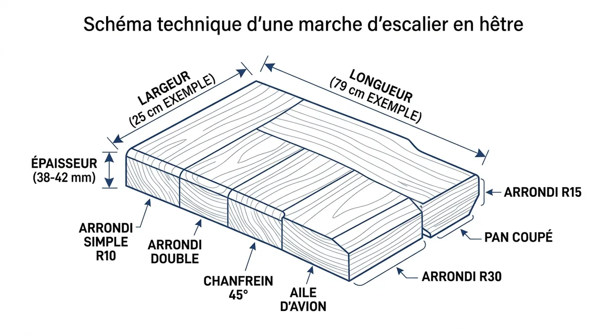 Schéma usinages chant marche escalier hêtre massif : arrondi, chanfrein, aile d'avion