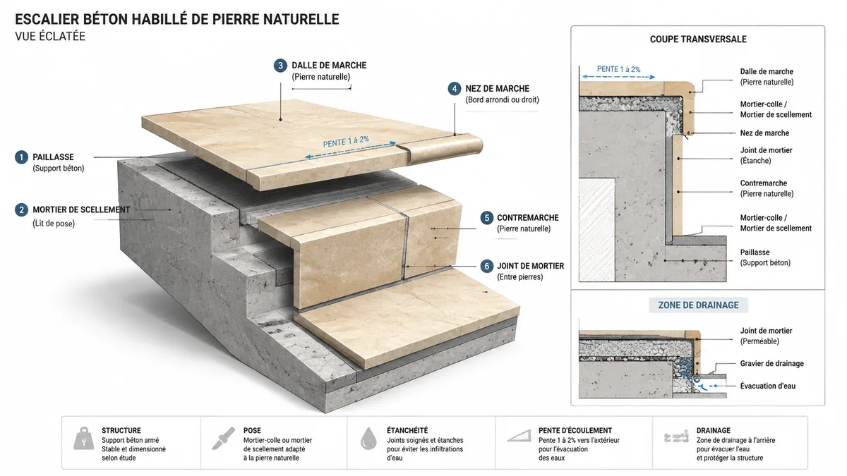 Vue éclatée d'un parement d'escalier extérieur