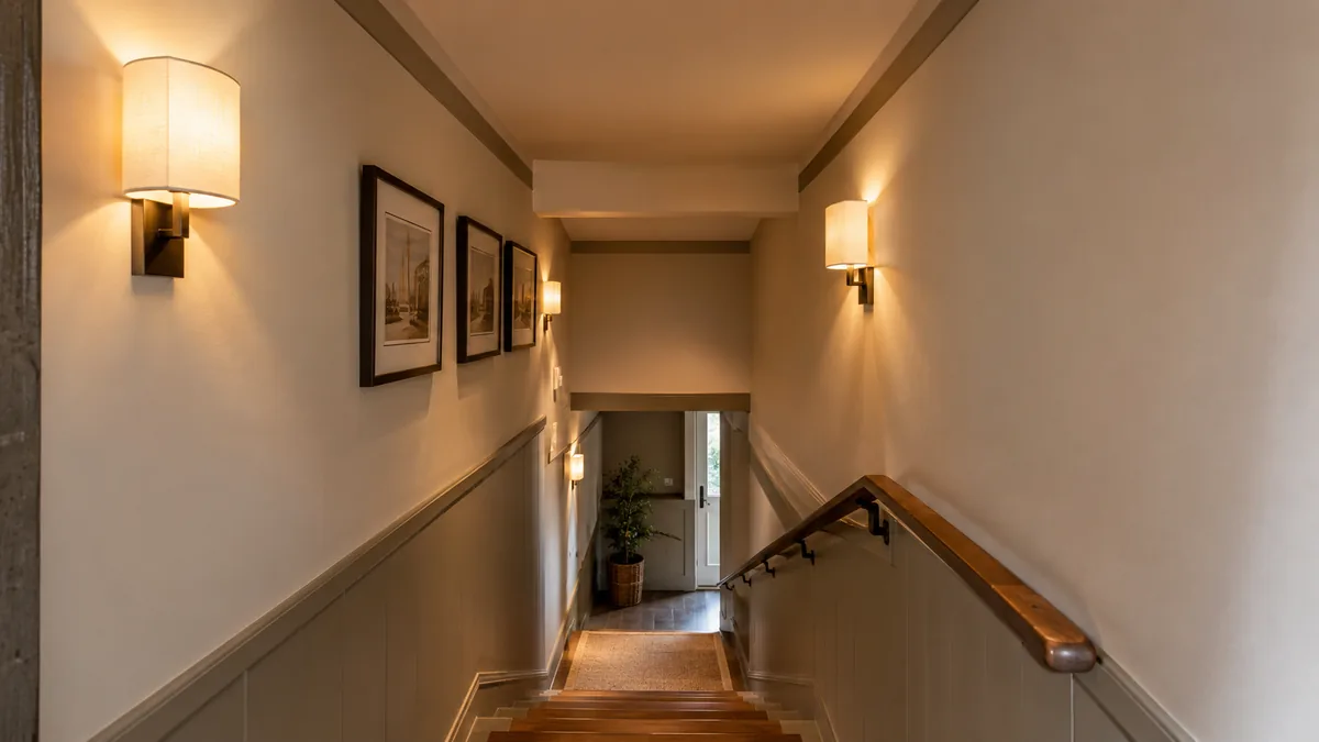 Cage d'escalier fermée avec frise, soubassement et appliques