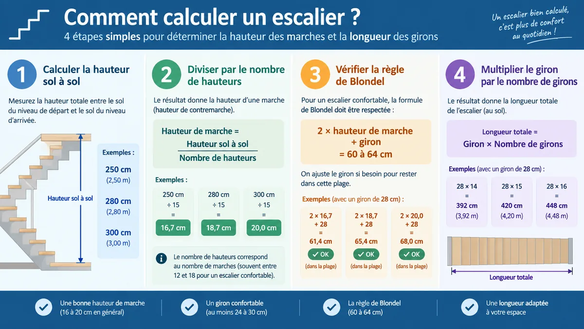 Calcul illustré d’un escalier droit selon trois hauteurs