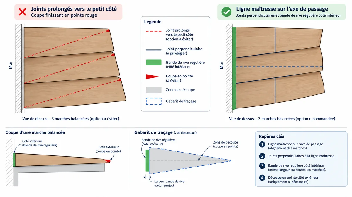 Calepinage de joints sur marches balancées d'escalier tournant