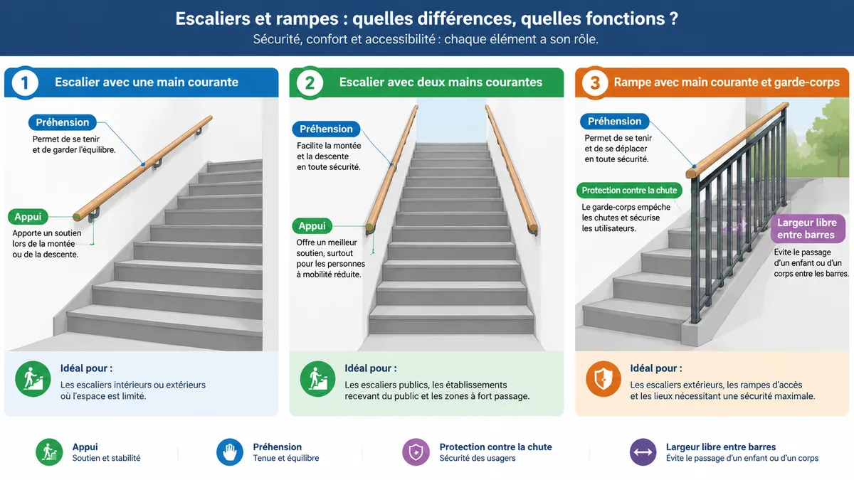 Comparaison entre main courante double et garde-corps PMR