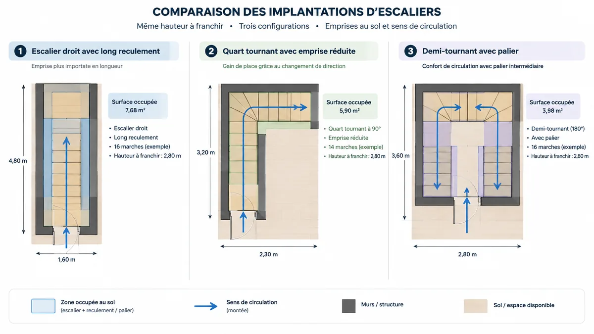 Comparaison des emprises d’escaliers droit et tournants