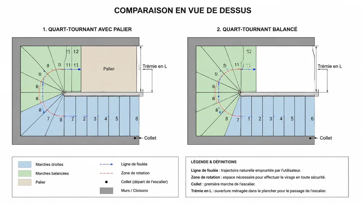 Comparaison entre escalier quart-tournant avec palier et balancé