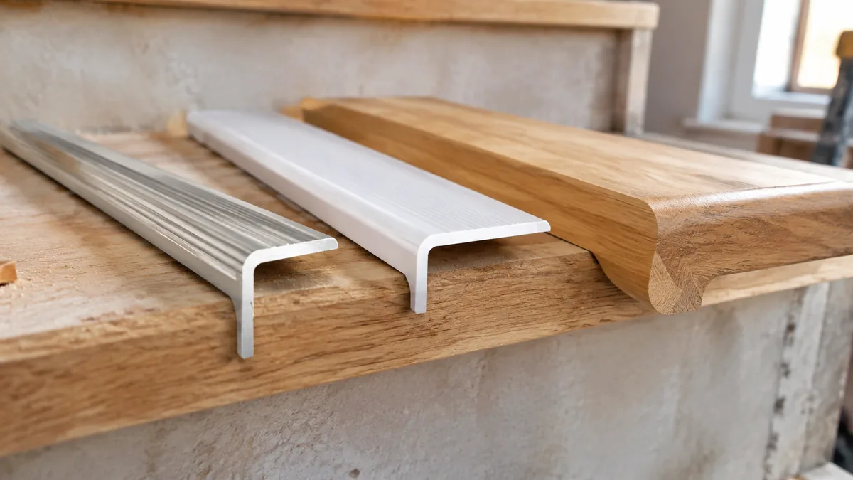 Comparaison photo de trois nez de marche arrondis en alu, PVC et bois
