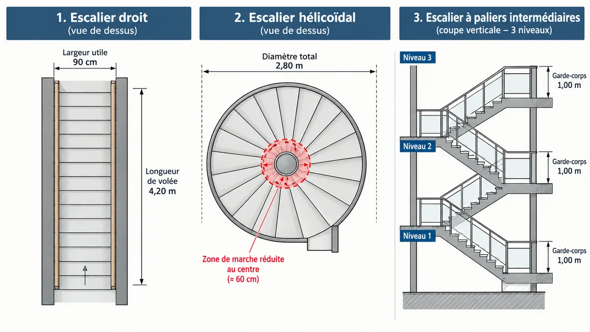 Comparaison schématique escalier droit hélicoïdal et à paliers pour issue de secours