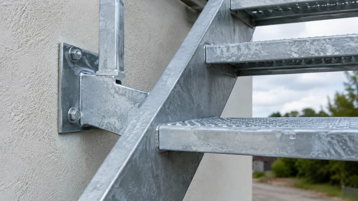 Détail d'ancrage et marche antidérapante d'un escalier métallique extérieur