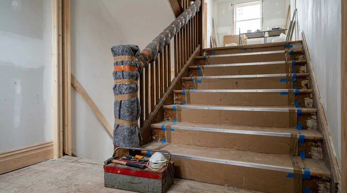 Escalier en bois entièrement protégé par du carton et une cornière avant travaux