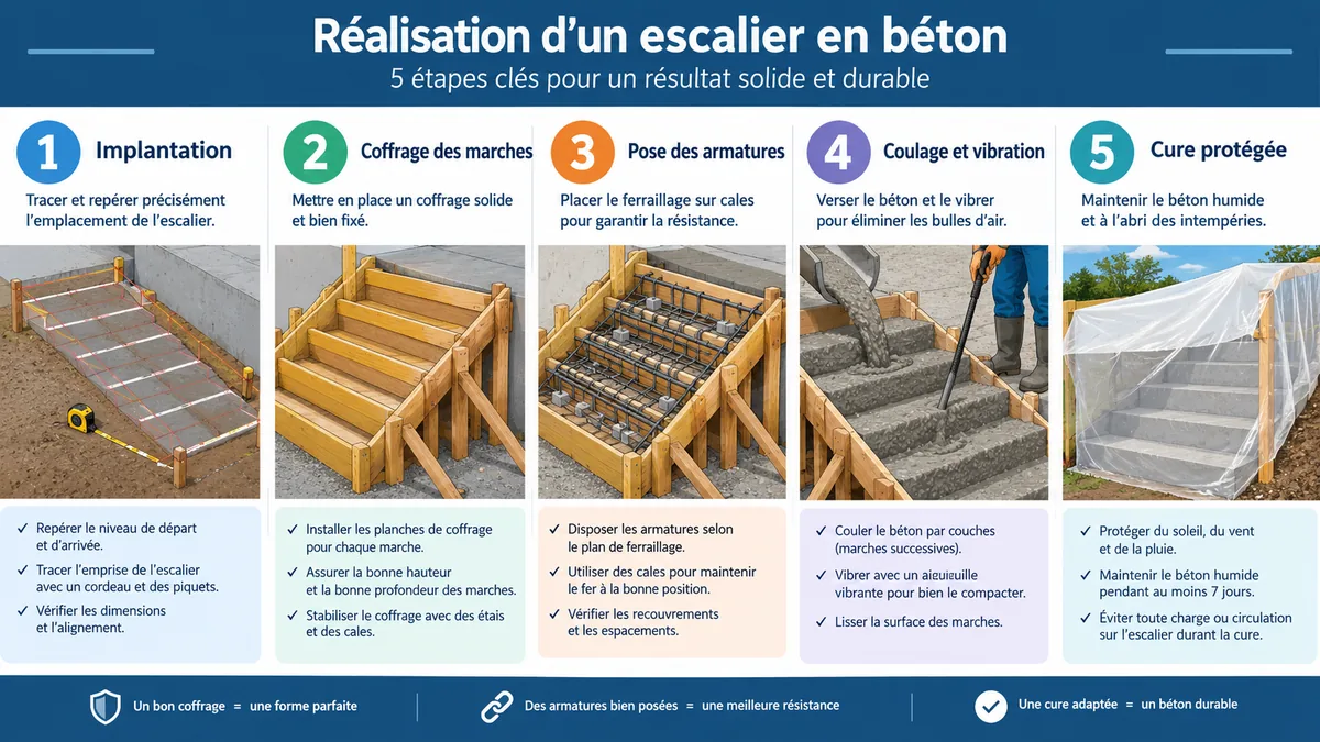 Étapes coffrage ferraillage coulage escalier béton extérieur