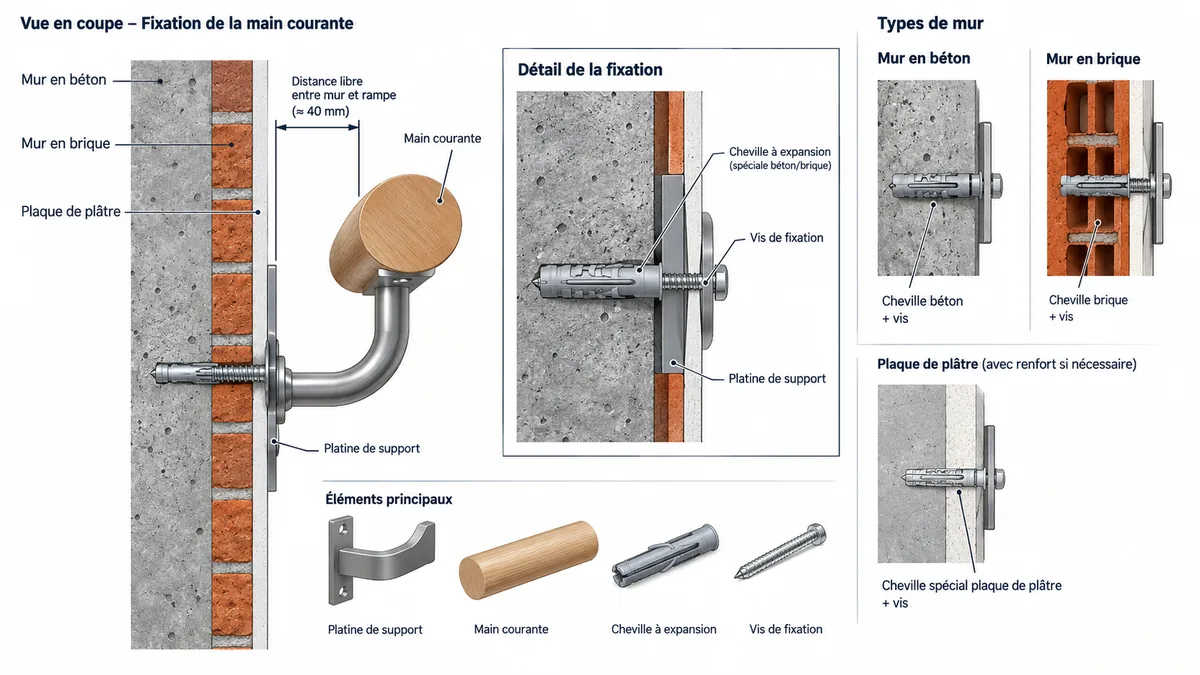Fixation d’une main courante selon le type de mur