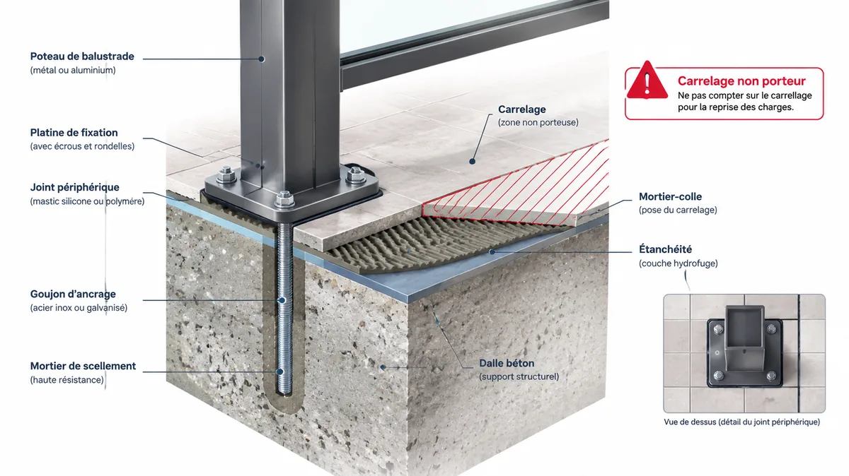 Fixation d'un pilier béton sur dalle et carrelage