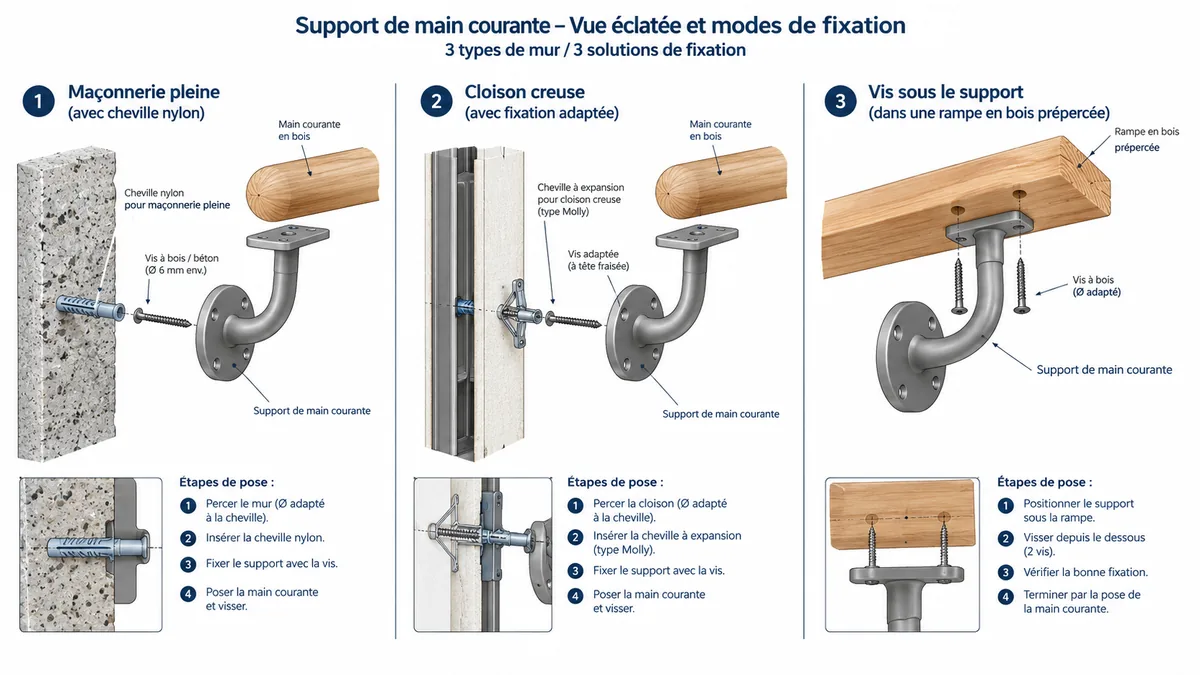 Fixation d'une rampe en bois selon le type de mur