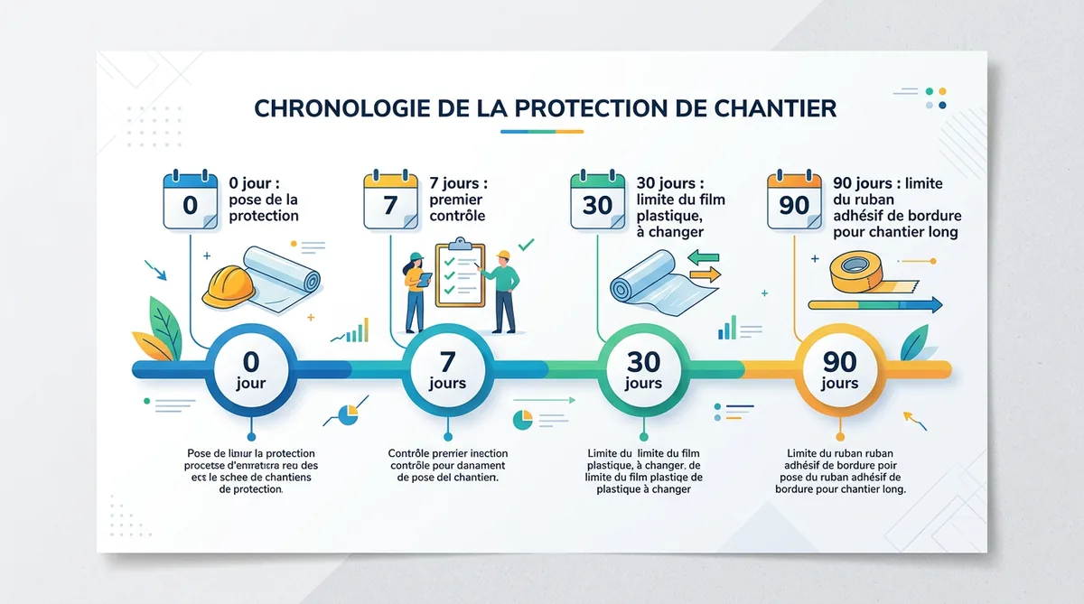 Frise chronologique des durées maximales de protection d'escalier pendant travaux