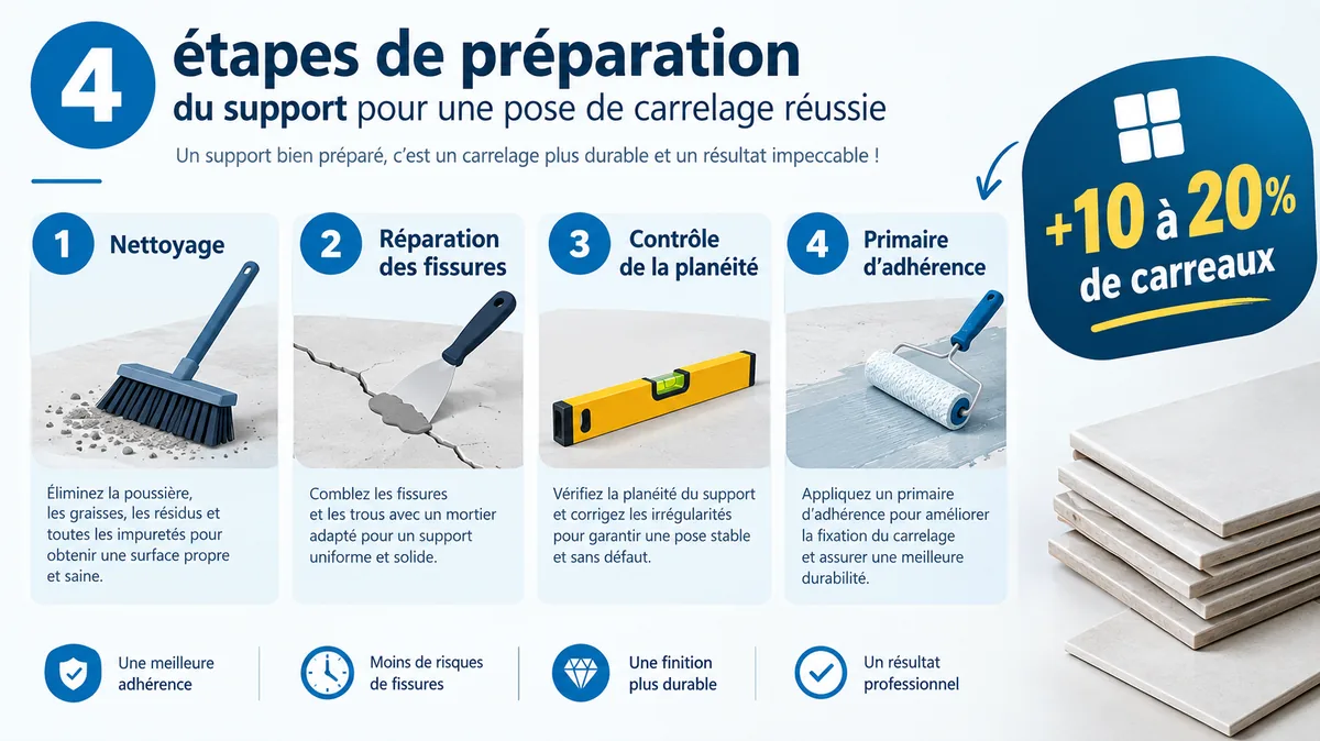 Infographie étapes préparation support avant pose carrelage escalier