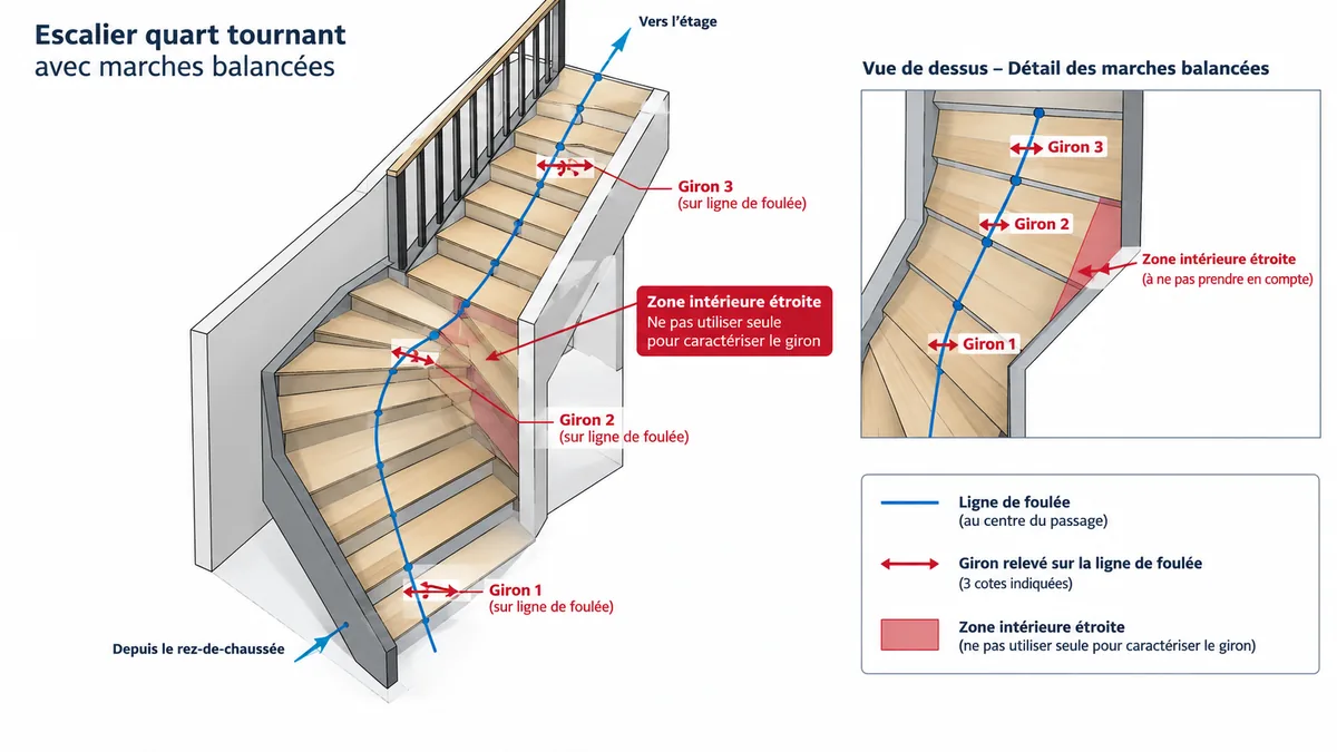 Ligne de foulée sur escalier quart tournant