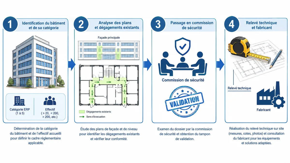 Schéma des 4 étapes pour qualifier un projet d'escalier de secours