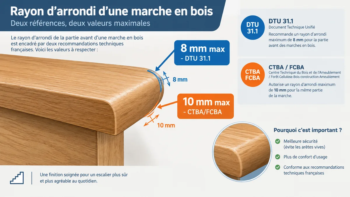 Infographie rayon maximal nez de marche arrondi selon DTU et CTBA