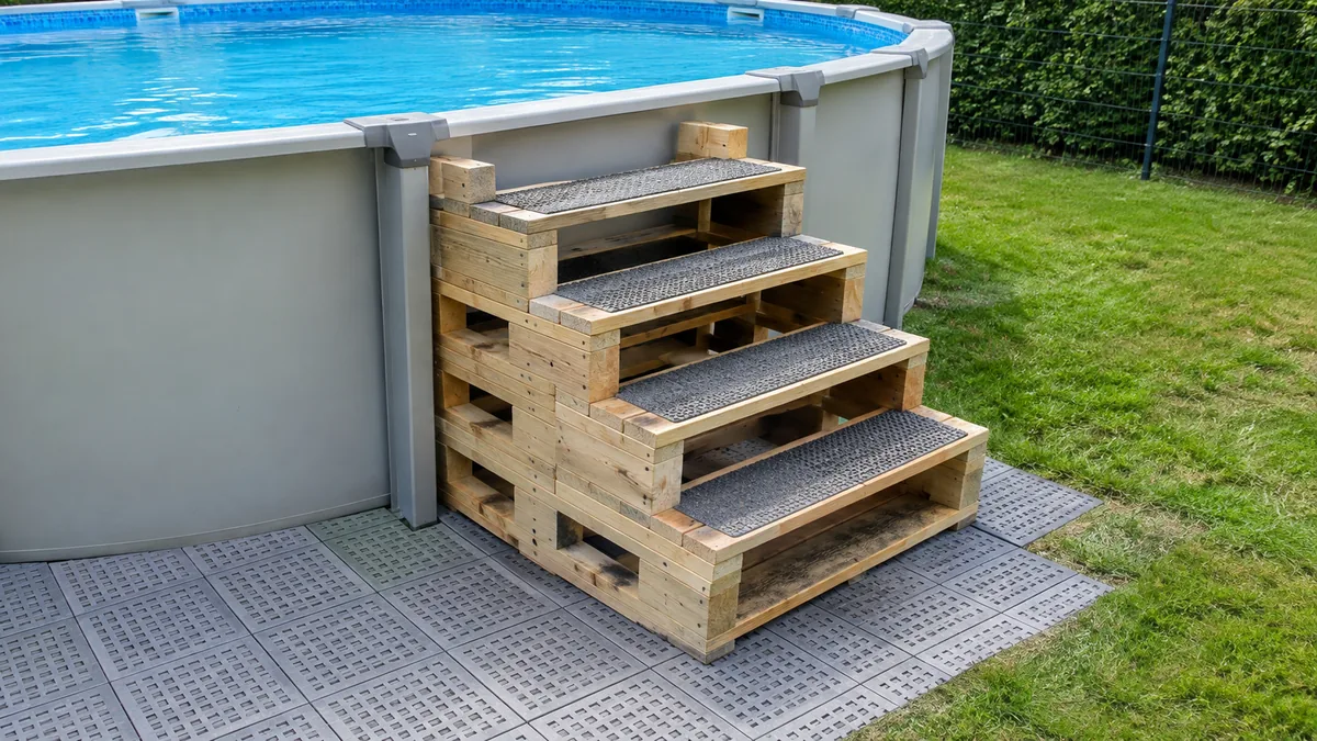Petit escalier en palettes sécurisé devant une piscine hors sol