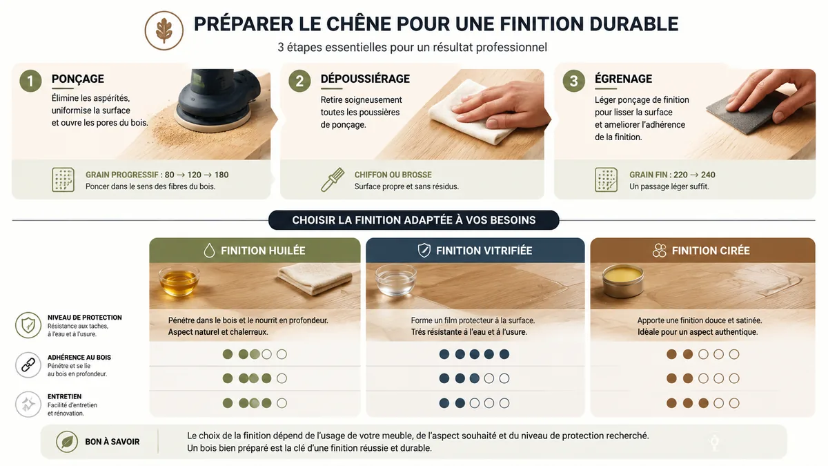 Étapes de préparation et comparaison des finitions du chêne