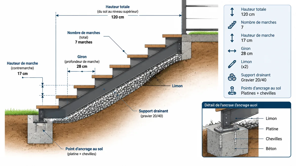 Schéma annoté des mesures d’un escalier extérieur en palettes