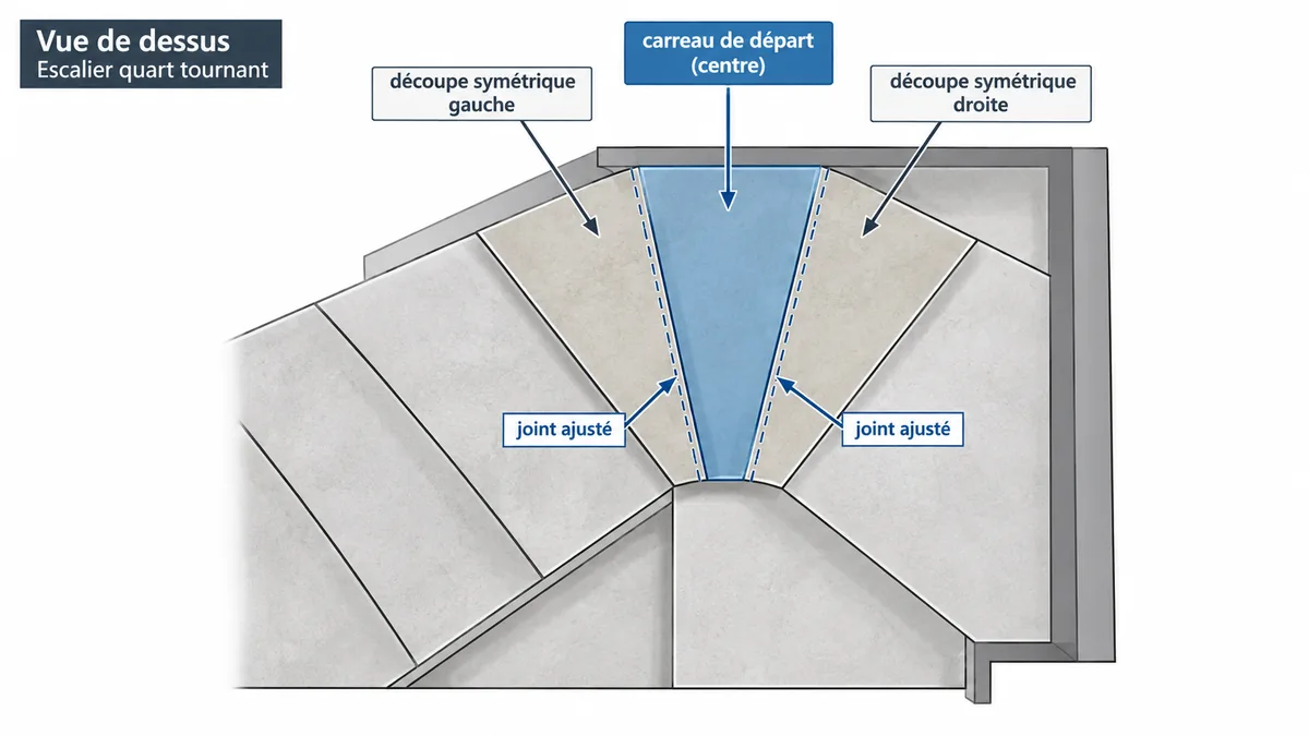 Schéma calepinage carrelage escalier quart tournant partie tournante