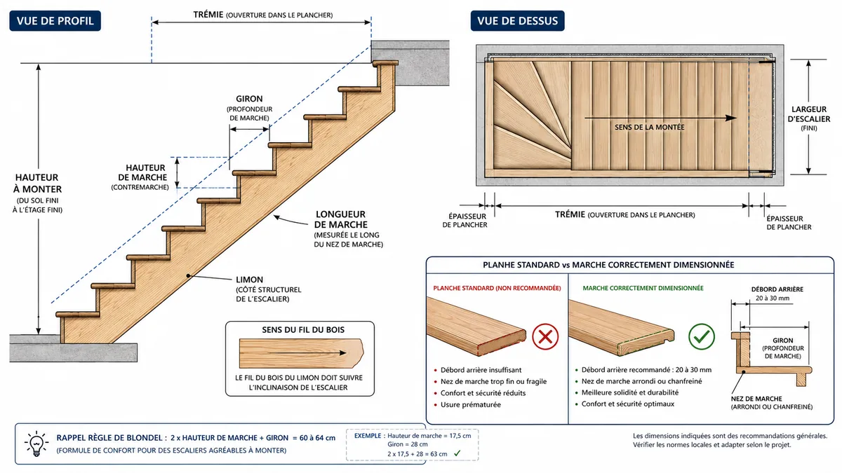 Schéma annoté des cotes d'une marche d'escalier en chêne