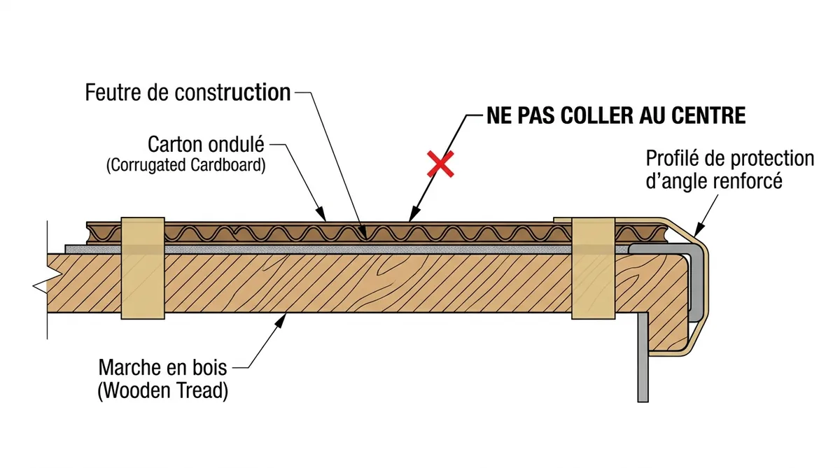 Schéma en coupe des couches de protection sur une marche d'escalier en bois