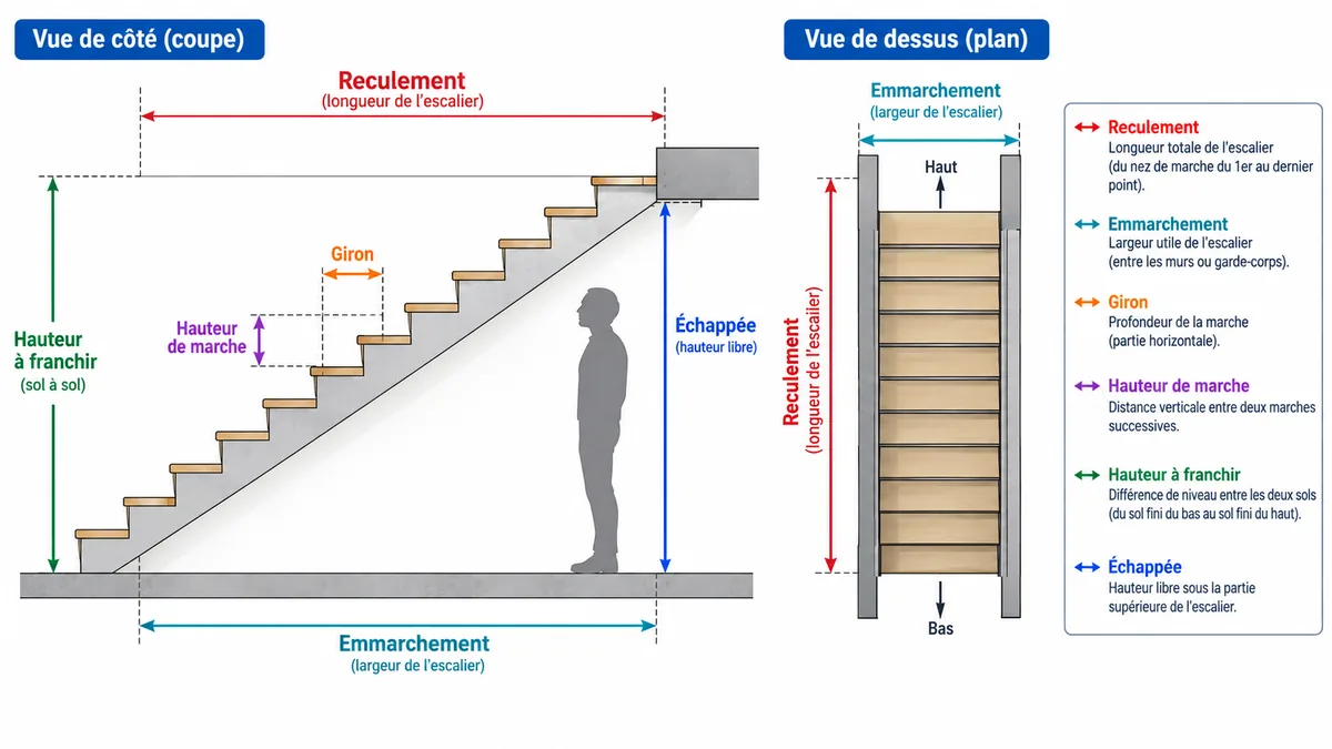 Schéma annoté des dimensions d’un escalier droit