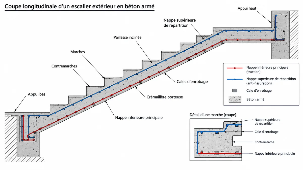 Schéma double nappe ferraillage escalier béton extérieur