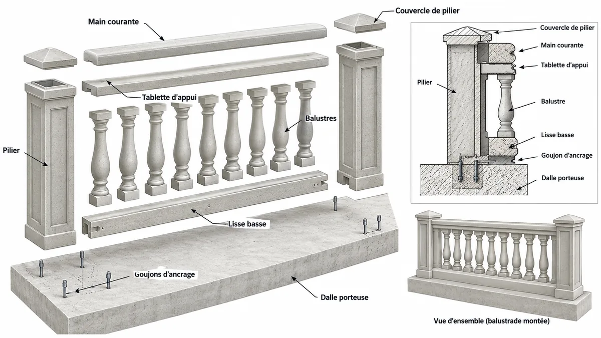 Schéma des éléments d'une balustrade béton de terrasse