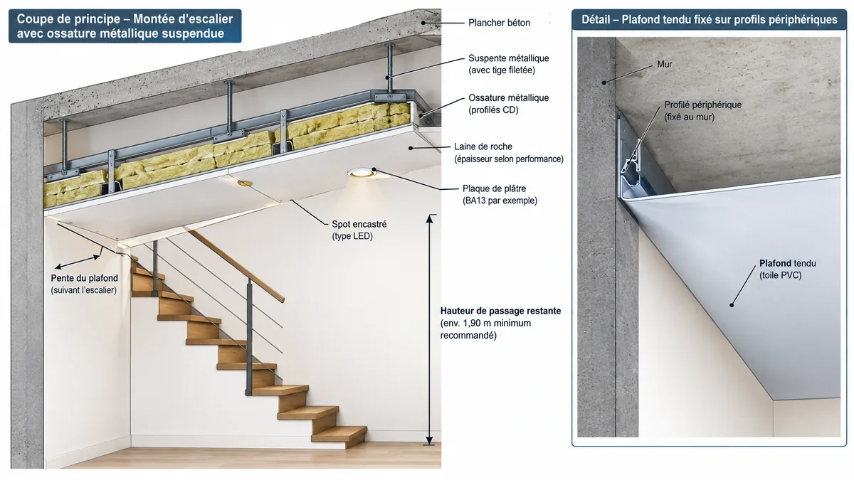 Coupe technique d'un faux plafond dans une cage d'escalier