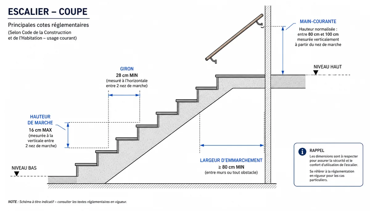 Schéma coupe escalier avec giron, hauteur de marche et main-courante annotés