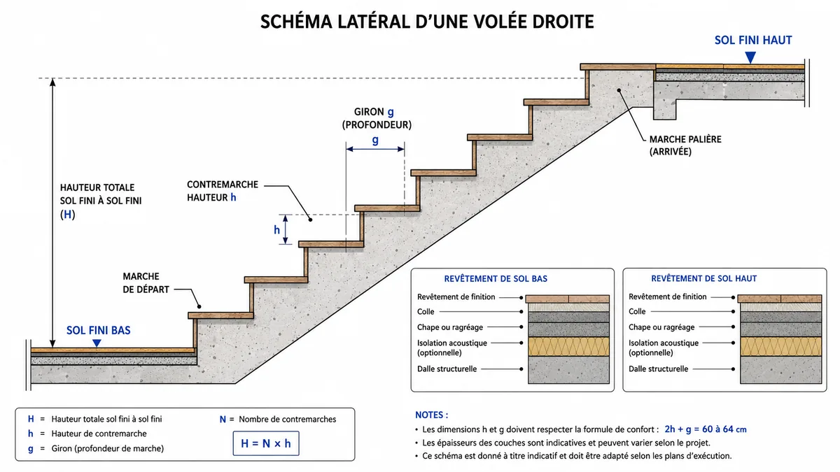 Schéma hauteur et giron d'une marche d'escalier
