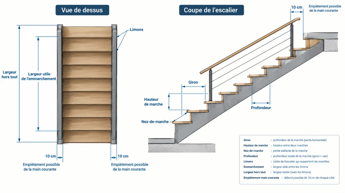 Schéma des largeurs et dimensions d’une marche d’escalier