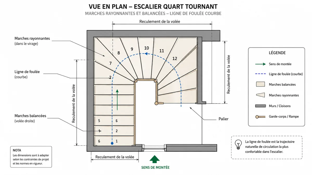 Ligne de foulée d'un escalier quart tournant balancé