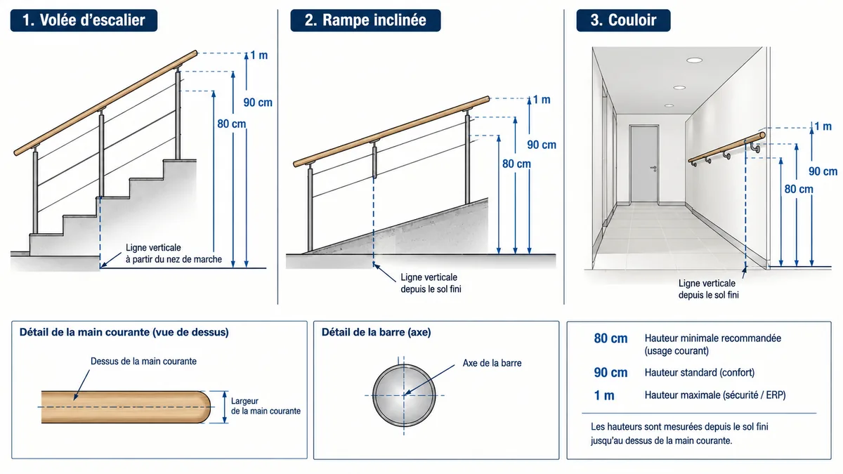 Mesure de hauteur main courante sur escalier rampe et couloir
