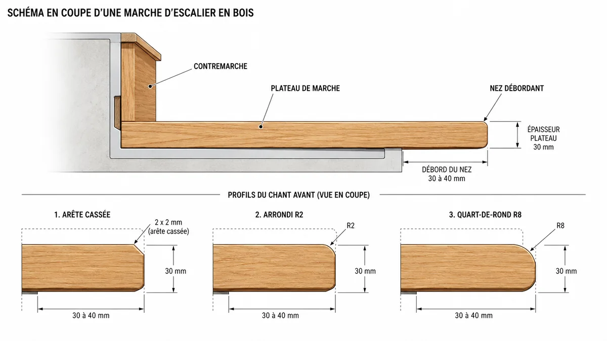 Schéma des profils de nez de marche en bois