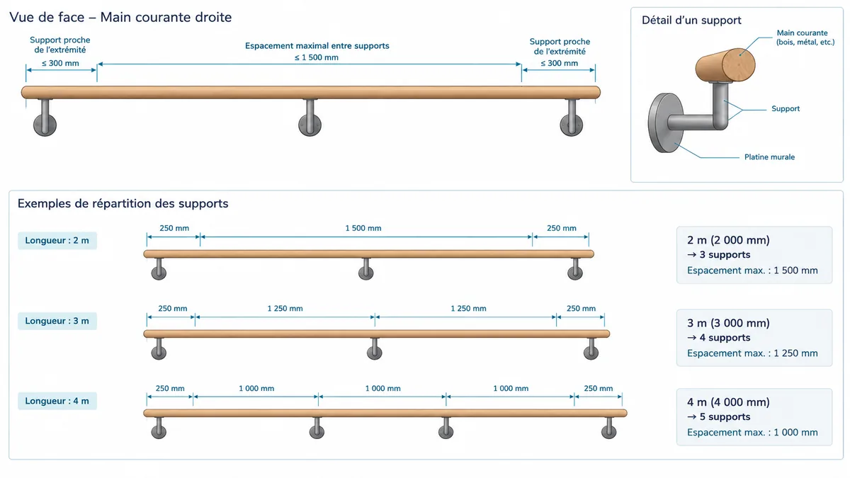 Schéma de répartition des supports d’une main courante