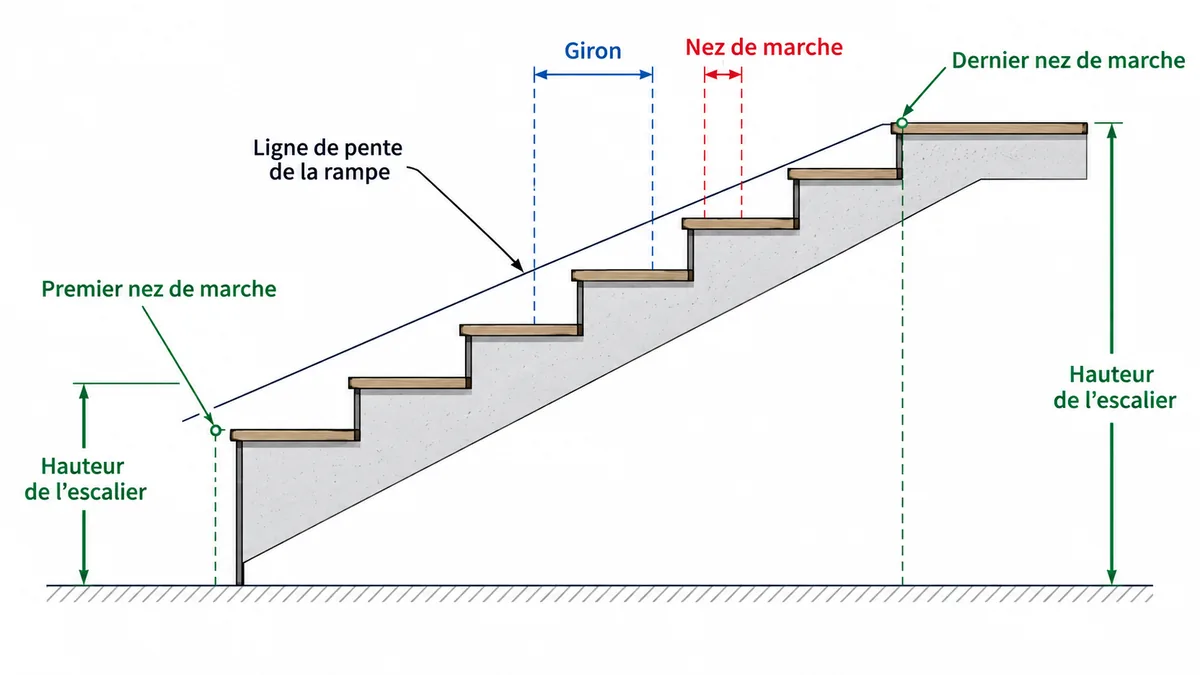 Schéma de traçage d'une rampe sur escalier droit